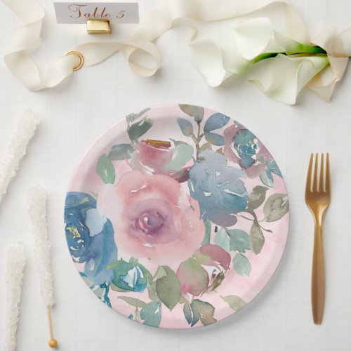 Watercolor Pink and Blue Flowers Bridal Paper Plates