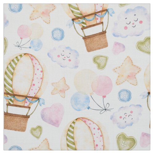 Watercolor Pink and Blue Hot Air Balloons  Fabric