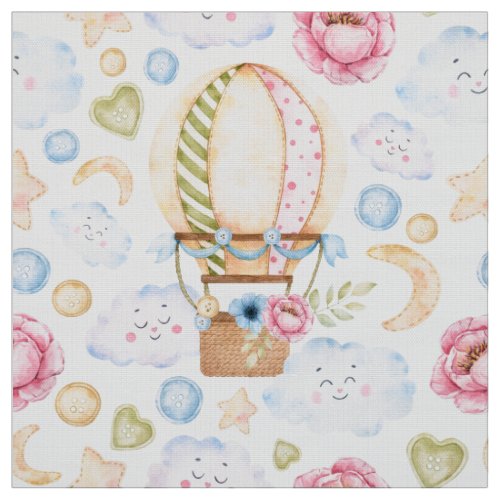 Watercolor Pink and Blue Hot Air Balloons Fabric