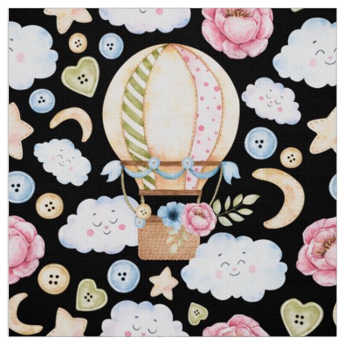 Watercolor Pink and Blue Hot Air Balloons Fabric