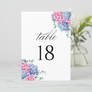 Watercolor Pink and Blue Hydrangea Table Number
