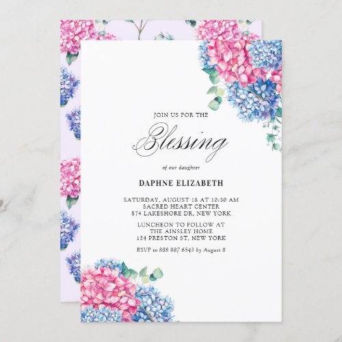 Watercolor Pink and Blue Hydrangeas Baby Blessing Invitation