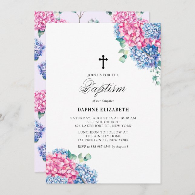 Watercolor Pink and Blue Hydrangeas Baptism Invitation (Front/Back)