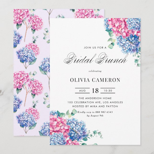 Watercolor Pink and Blue Hydrangeas Bridal Brunch Invitation (Front/Back)