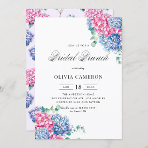 Watercolor Pink and Blue Hydrangeas Bridal Brunch Invitation