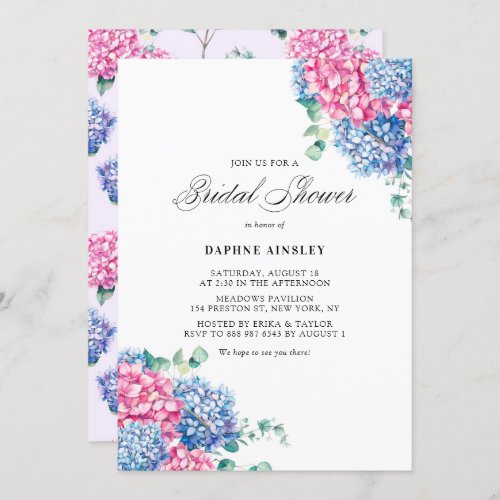 Watercolor Pink and Blue Hydrangeas Bridal Shower Invitation