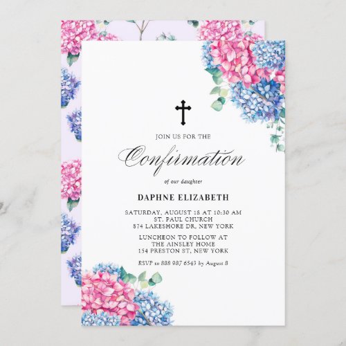 Watercolor Pink and Blue Hydrangeas Confirmation Invitation