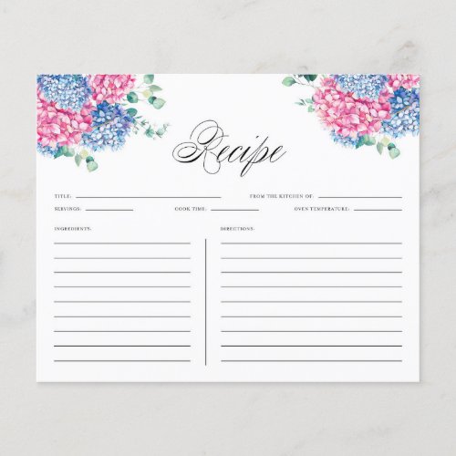 Watercolor Pink and Blue Hydrangeas Recipe Card