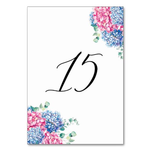 Watercolor Pink and Blue Hydrangeas Table 15 Table Number