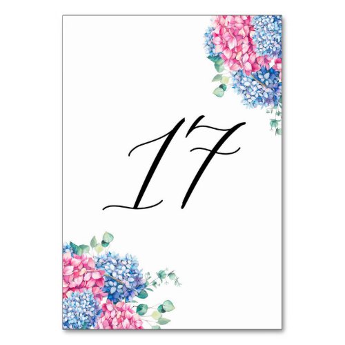 Watercolor Pink and Blue Hydrangeas Table 17 Table Number