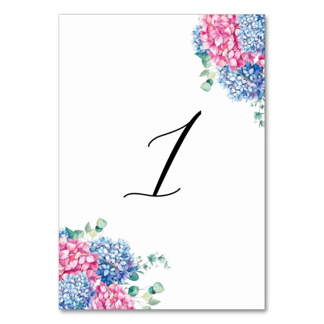 Watercolor Pink and Blue Hydrangeas Table 1 Number (Front)