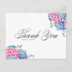 Watercolor Pink and Blue Hydrangeas Thank You Holiday Postcard
