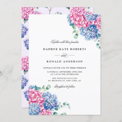 Watercolor Pink and Blue Hydrangeas Wedding Invitation