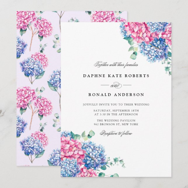 Watercolor Pink and Blue Hydrangeas Wedding Invitation (Front/Back)