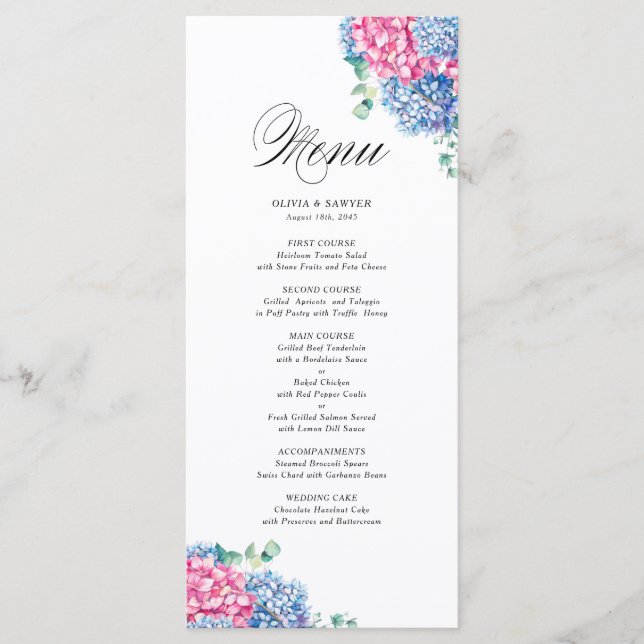 Watercolor Pink and Blue Hydrangeas Wedding Menu (Front)