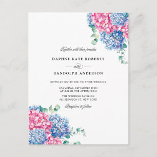 Watercolor Pink and Blue Hydrangeas Wedding RSVP Invitation Postcard