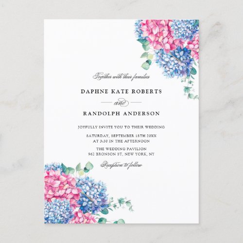 Watercolor Pink and Blue Hydrangeas Wedding RSVP Invitation Postcard