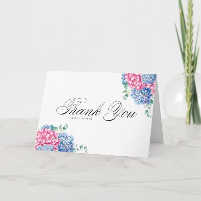 Watercolor Pink and Blue Hydrangeas Wedding Thank You Card (Front)