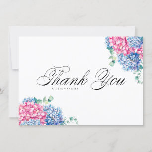 Watercolor Pink and Blue Hydrangeas Wedding Thank You Card