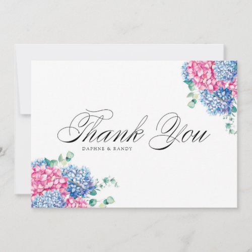 Watercolor Pink and Blue Hydrangeas Wedding Thank You Card