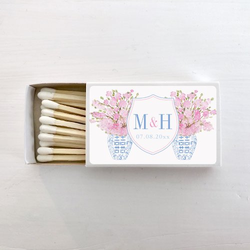 Watercolor Pink And Blue Monogram Crest Wedding Matchboxes