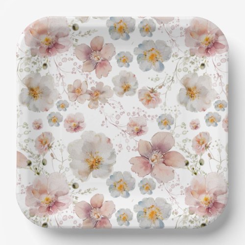 Watercolor Pink and Blue Wildflower Bridal Shower Paper Plates