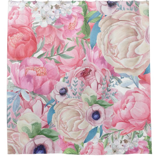Watercolor Pink and Blush Peonies Spring Shower Curtain (Front)