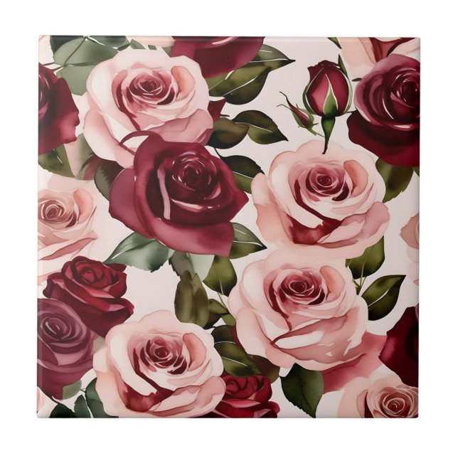 Watercolor Pink and Burgundy Floral Ceramic Tile (Front)