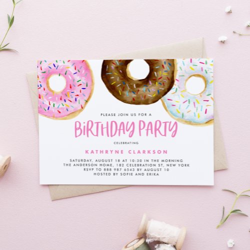 Watercolor Pink and Chocolate Donuts Birthday Invitation