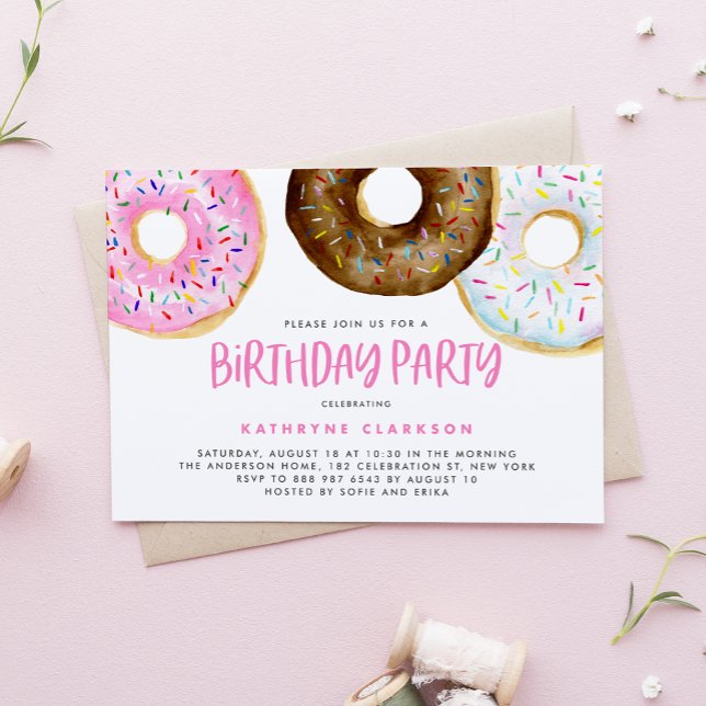 Watercolor Pink and Chocolate Donuts Birthday Invitation (Creator Uploaded)