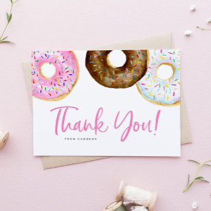 Watercolor Pink and Chocolate Donuts Birthday Thank You Card
