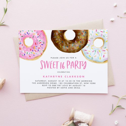 Watercolor Pink and Chocolate Donuts Sweet 16 Invitation