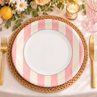 Watercolor Pink and Cream Awning Stripe Paper Plates