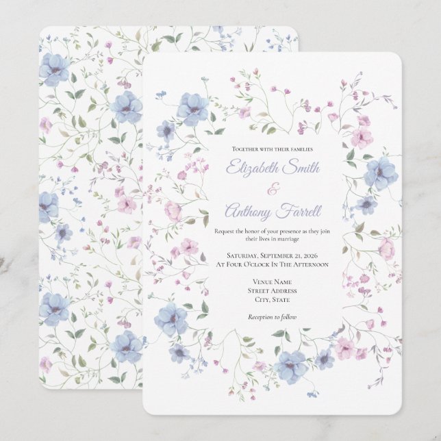 Watercolor Pink And Dusty Blue Botanical Wedding  Invitation (Front/Back)
