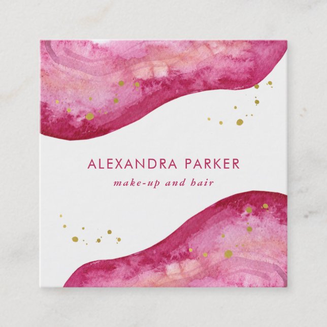 Watercolor Pink and Faux Gold Geode | Square Business Card (Front)