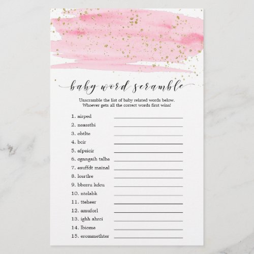 Watercolor Pink and Gold Baby Word Scramble Game Flyer