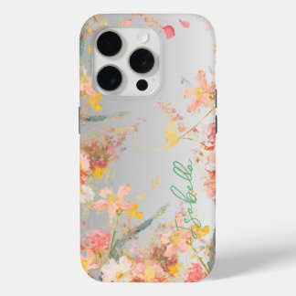 Watercolor Pink and Gold Floral Custom Name Phone iPhone 15 Pro Case