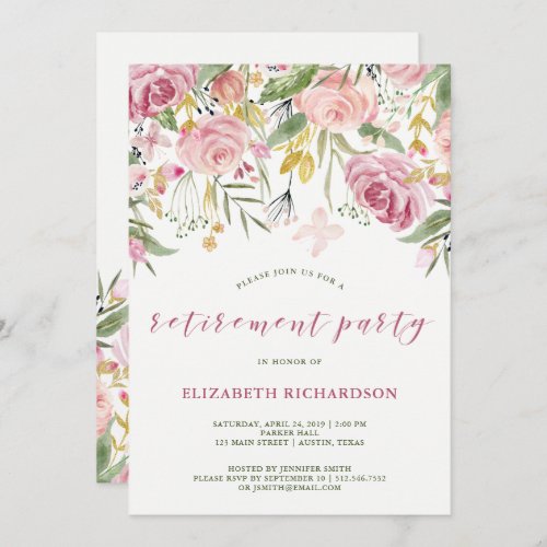 Watercolor Pink and Gold Floral Retirement Party Invitation