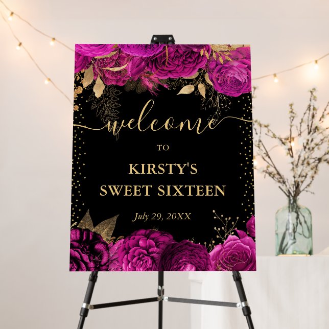 Watercolor Pink and Gold Flowers Sweet 16 Foam Board (In Situ (Stand))