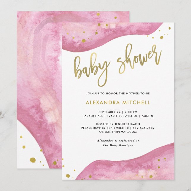 Watercolor Pink and Gold Geode Baby Shower Invitation (Front/Back)
