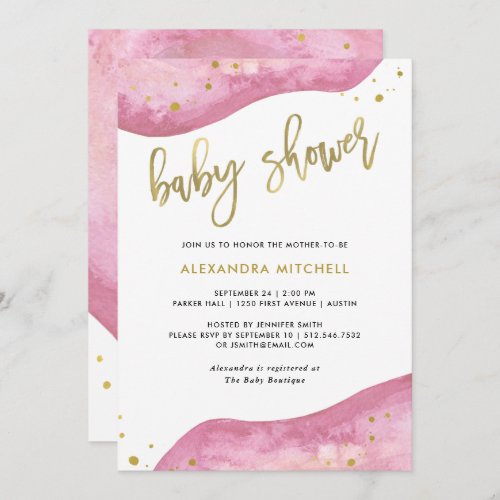 Watercolor Pink and Gold Geode Baby Shower Invitation