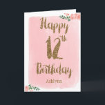 Watercolor Pink and Gold Glitter 12th Birthday Card<br><div class="desc">Personalized watercolor pink and gold 12th birthday card, which says "happy 12th birthday" in a gold glitter design on the front of the card. Please note there is not actual glitter on this product but a design effect. You will be able to easily personalize the front with her name. The...</div>