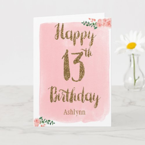 Watercolor Pink and Gold Glitter 13th Birthday Card