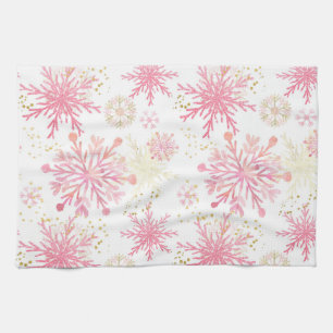 Watercolor Pink and Gold Glitter Winter Snowflakes Kitchen Towel