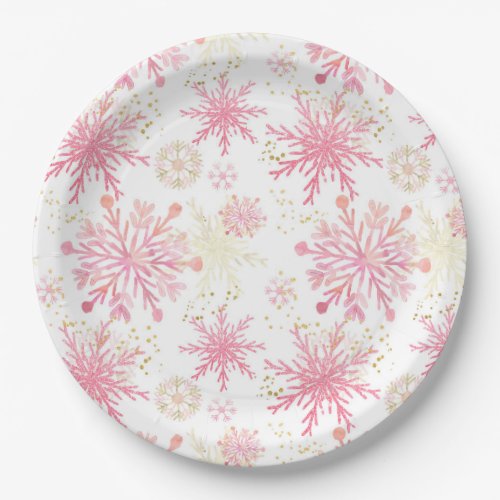 Watercolor Pink and Gold Glitter Winter Snowflakes Paper Plates