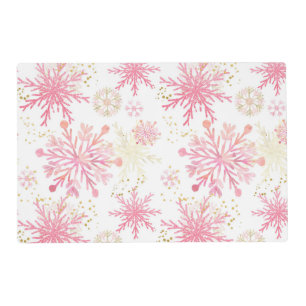 Watercolor Pink and Gold Glitter Winter Snowflakes Placemat