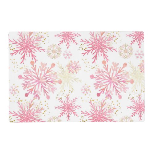 Watercolor Pink and Gold Glitter Winter Snowflakes Placemat