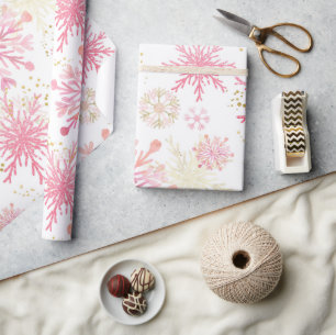 Watercolor Pink and Gold Glitter Winter Snowflakes Wrapping Paper
