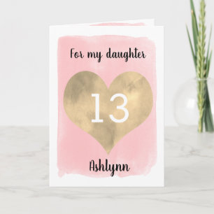 Watercolor Pink and Gold Heart 13th Birthday Card