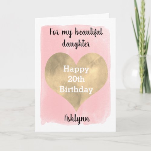 Watercolor Pink and Gold Heart 20th Birthday Card